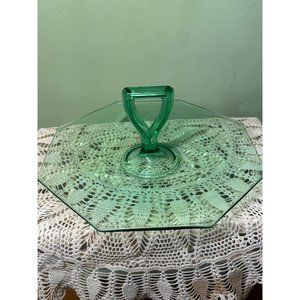 Vintage 40's Green Uranium Glass Tid Bit Serving Tray With Handle 11"